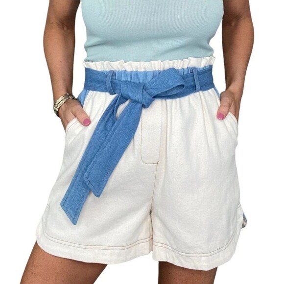FRNCH Sylvia woven cream blue patchwork colorblock belted high rise shorts - Picture 4 of 14